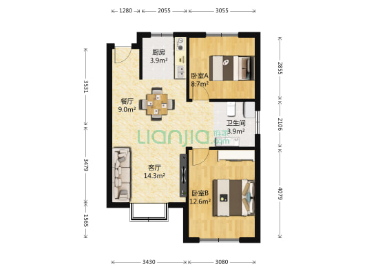 大众中央公园 2室2厅1卫 84平方