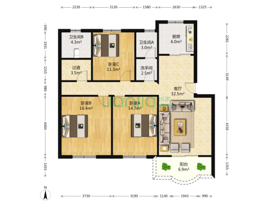 薛峰社区 3室1厅3卫 121平方