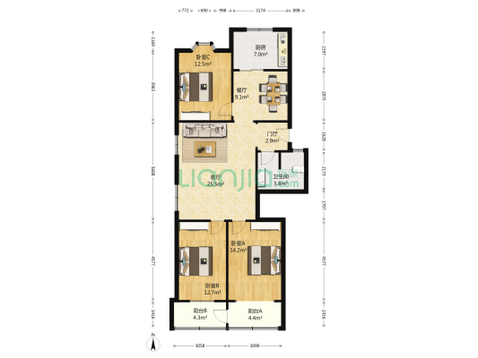 丰泽家园 3室2厅1卫 130平方