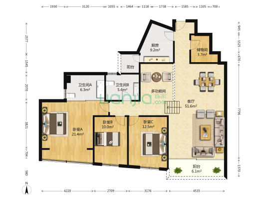 锦官新城西区 3室1厅2卫 177平方