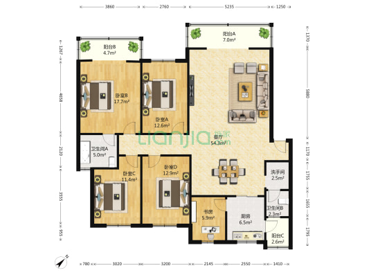 炉霍林业局 5室1厅3卫 176平方