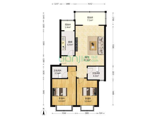 怡水居 2室1厅2卫 88平方