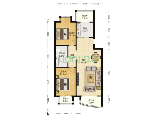 久敬佳园二区 2室1厅1卫 97平方