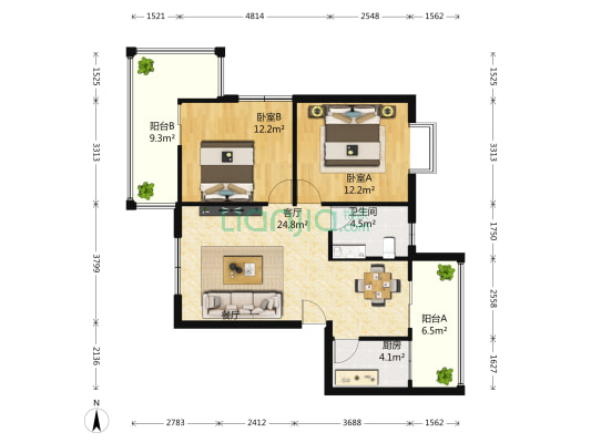 阳光水岸 2室1厅1卫 90平方