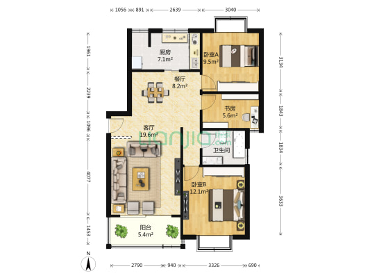 岭南翠庭 3室2厅1卫 104平方