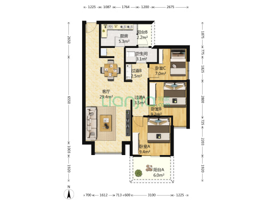 北京-VR测试楼盘002 3室1厅1卫 106平方