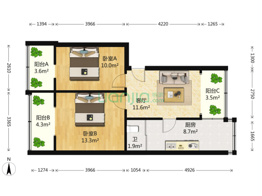 动物园路11到81号 2室1厅1卫 68平方