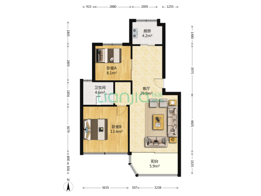 山水龙城·竹里苑 2室1厅1卫 80平方