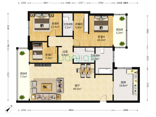 广福桥街8号 3室1厅2卫 145平方
