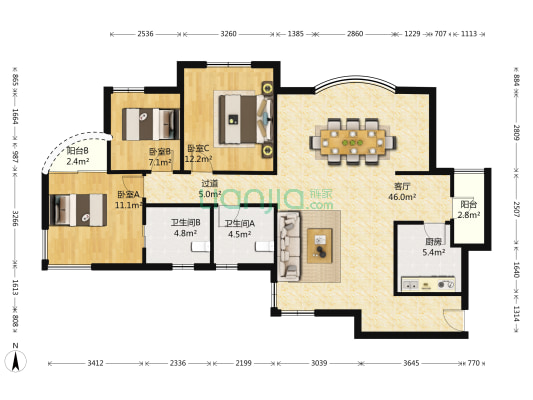 爱都公寓 3室1厅2卫 130平方
