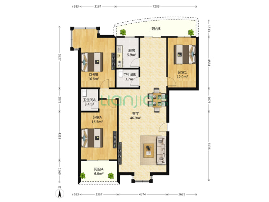 海逸新居 3室1厅2卫 137平方