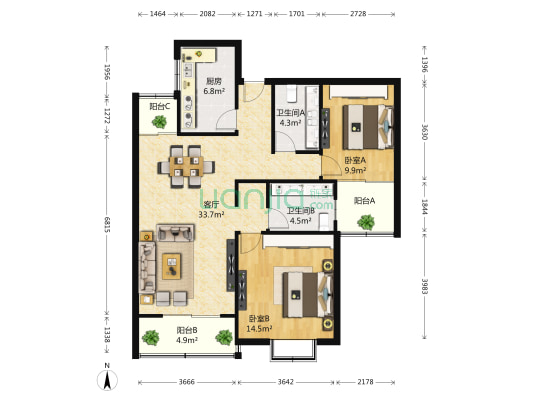 锦凯华苑 2室1厅2卫 104平方