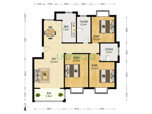 香榭丽景 3室1厅2卫 119平方