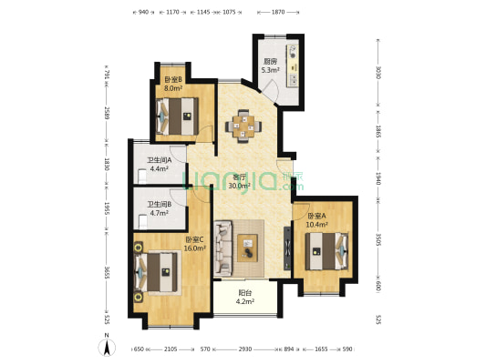丽岛紫园 3室1厅2卫 116平方