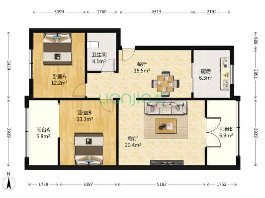 颐园(金牛) 2室2厅1卫 104平方