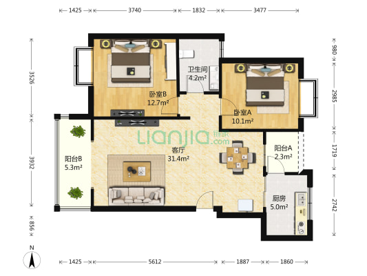 川音嘉苑 2室1厅1卫 92平方