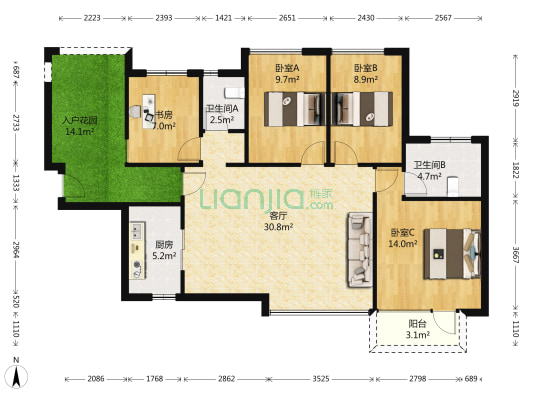 万科第五园三期 4室1厅2卫 117平方