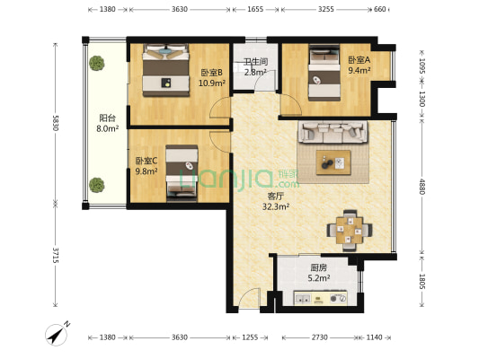 奥莱汇 3室1厅1卫 103平方