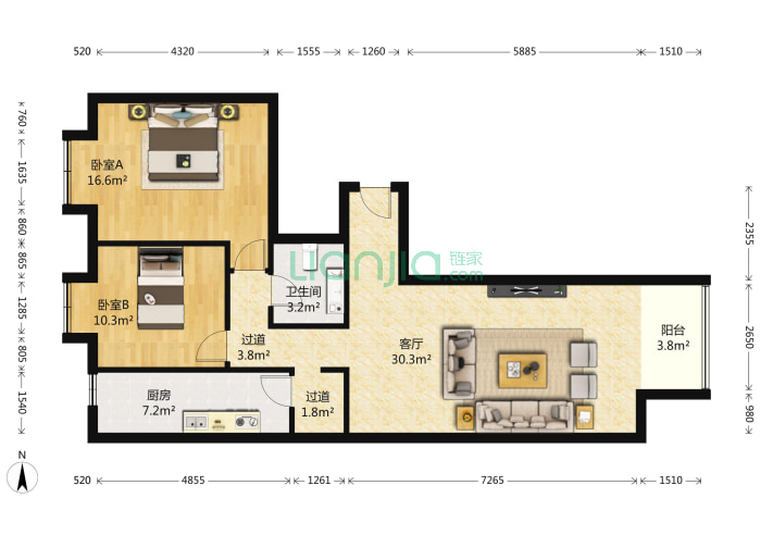 紫金长安 2室1厅1卫 117㎡ 户型