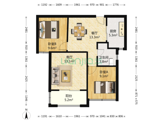 翡丽湾花园南区 2室2厅1卫 78平方