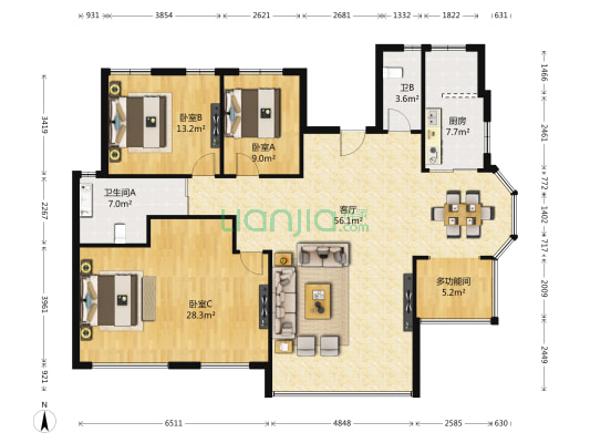 鹏辉新世纪四期 4室1厅2卫 174平方