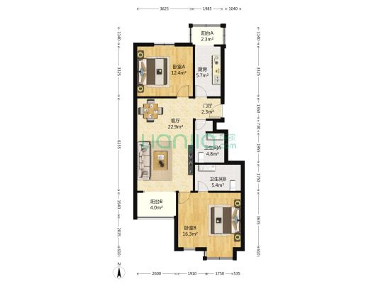 腾龙家园二区 2室1厅2卫 104平方