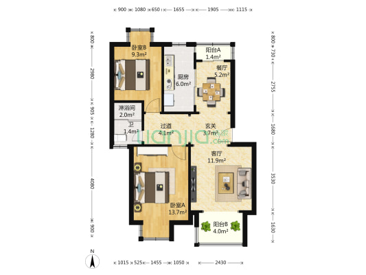鹤鸣新苑一村 2室2厅2卫 79平方