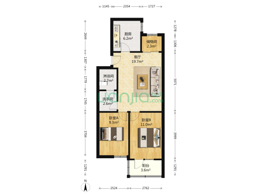 北苑家园紫绶园 2室1厅2卫 83平方