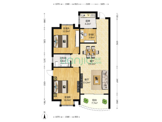 时尚名居 3室2厅1卫 90平方