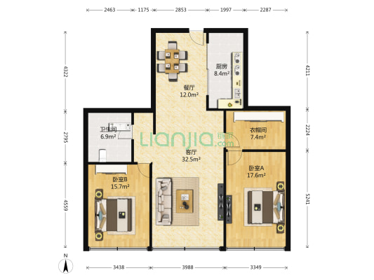 明辉花园 2室2厅1卫 129平方