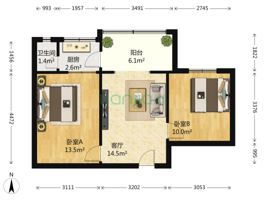 大慈寺路32号 2室1厅1卫 60平方