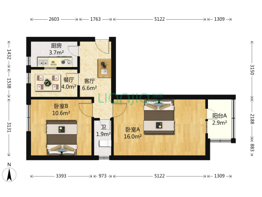 西便门内大街79号院 2室2厅1卫 57平方