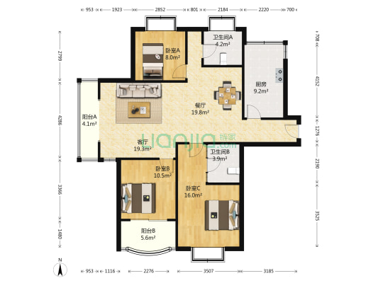 中汇公寓 3室2厅2卫 140平方