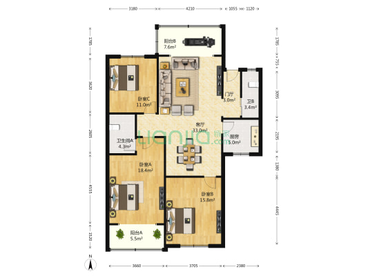 锦里西路113号 3室1厅2卫 105平方