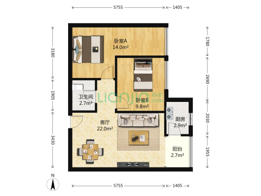 明天花园 2室1厅1卫 80平方