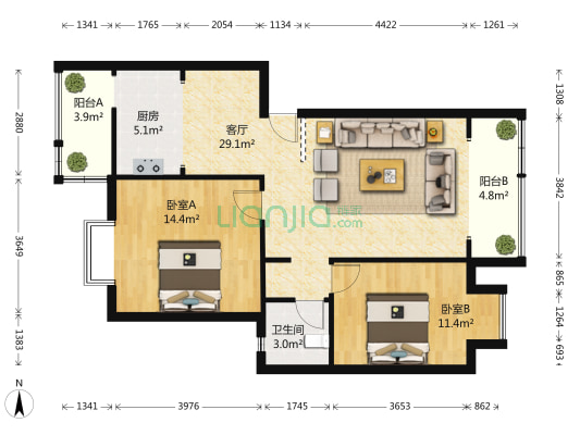 华莱丽景 2室1厅1卫 81平方