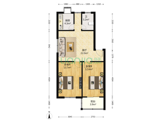 天天馨苑 2室1厅1卫 77平方