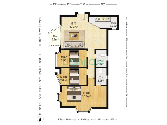 福业大厦 3室1厅2卫 82平方