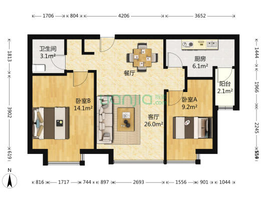 富力城北区 2室1厅1卫 87平方