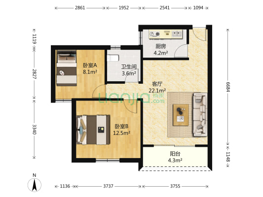 众孚花园 2室1厅1卫 63平方