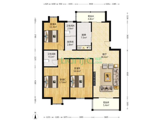 日光佳园 3室1厅3卫 134平方