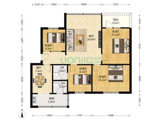 南郊小区 4室2厅2卫 101平方