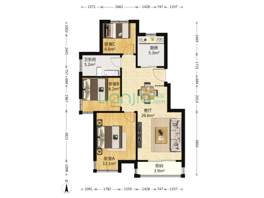 银亿东城第十二街区 3室1厅1卫 87平方