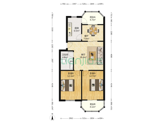 锦绣新苑 2室2厅1卫 87平方