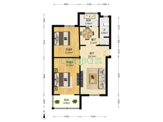 浆洗街4号院 2室2厅1卫 70平方