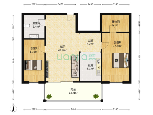 新新家园 2室1厅1卫 117平方