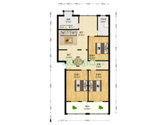 监狱管理局宿舍 3室2厅1卫 121平方