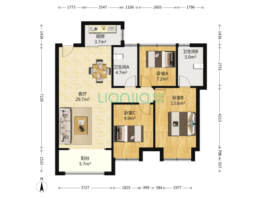 观天下花苑 3室1厅2卫 106平方
