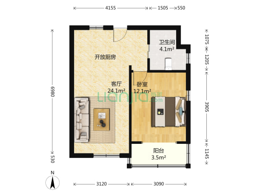复旦第五宿舍 1室1厅1卫 57平方