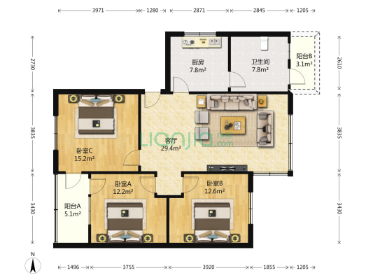双流粮食局职工宿舍 3室1厅1卫 119平方